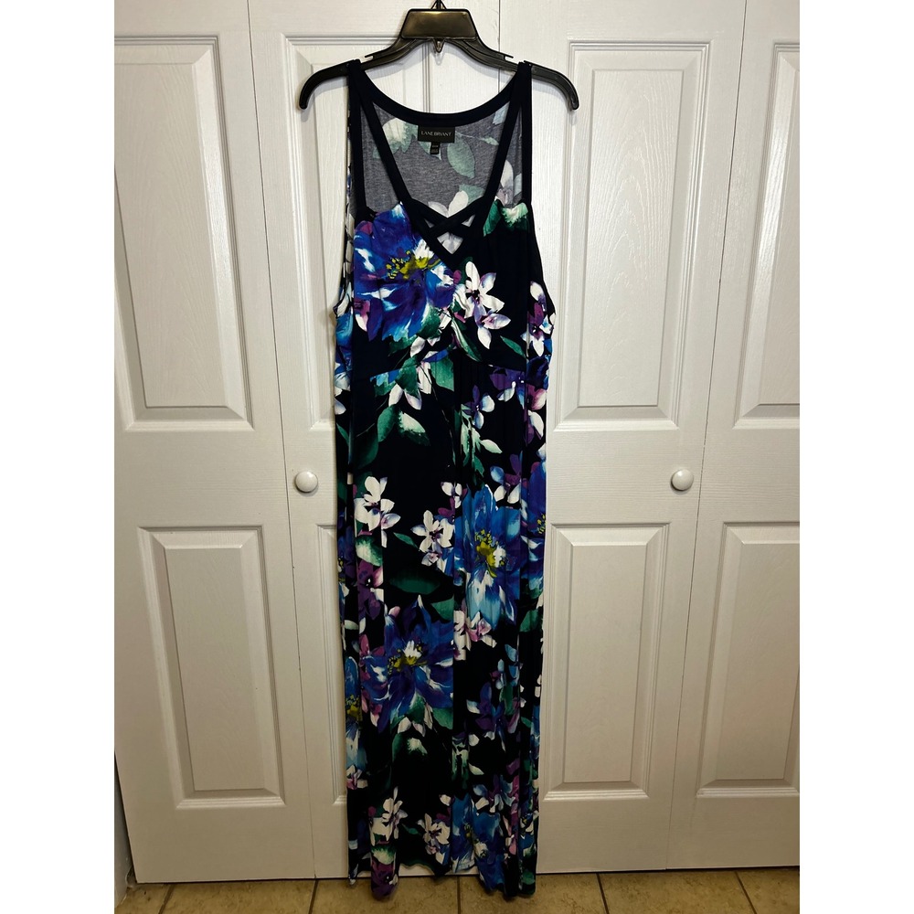 Lane Bryant Floral Maxi Dress Navy Blue Purple Crisscross Neck Plus Size 22/24
